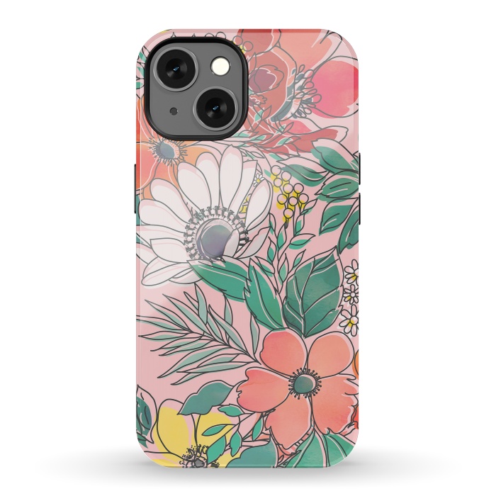 iPhone 13 StrongFit Cute girly pink floral hand drawn design by InovArts
