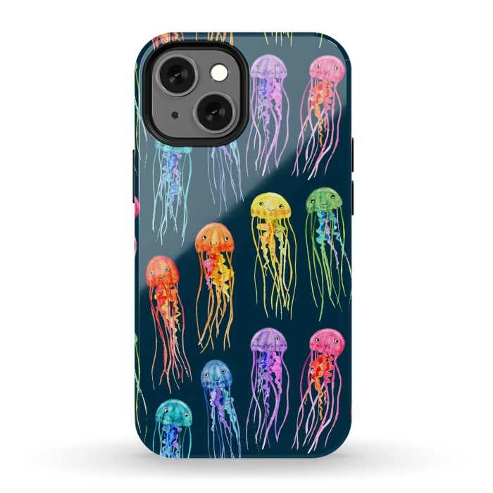 iPhone 13 mini StrongFit Little Cute Rainbow Jellyfish on Dark by Micklyn Le Feuvre