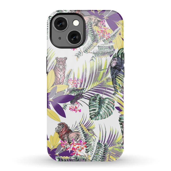 iPhone 13 StrongFit Colorful jungle leaves and wild animals pattern by Oana 