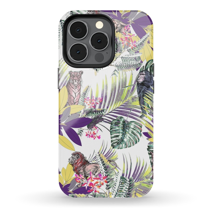 iPhone 13 pro StrongFit Colorful jungle leaves and wild animals pattern by Oana 