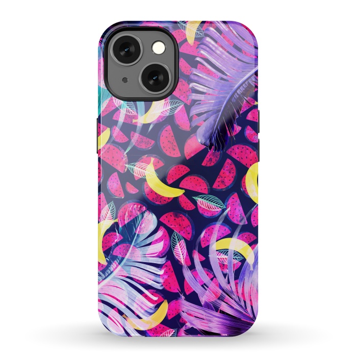 iPhone 13 StrongFit Colorful tropical banana leaves and pineapples by Oana 