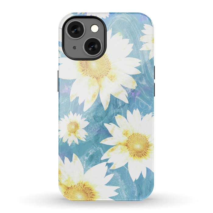 iPhone 13 StrongFit White sunflowers on baby blue marble by Oana 