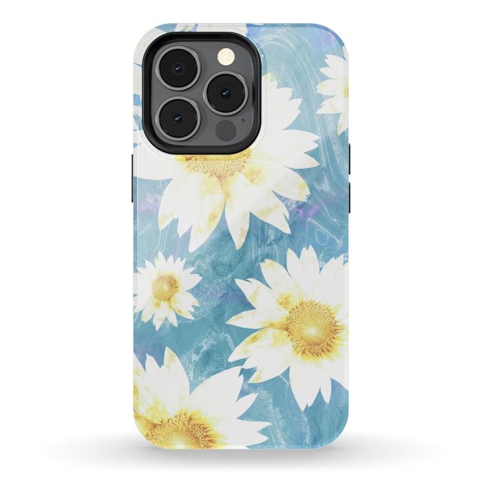 iPhone 13 pro StrongFit White sunflowers on baby blue marble by Oana 