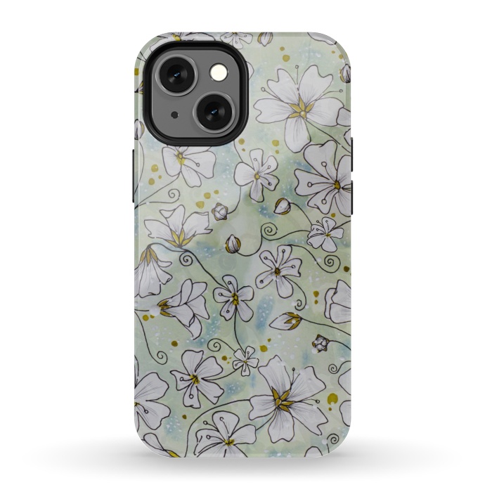 iPhone 13 mini StrongFit Pretty White Flowers on Watercolour by Paula Ohreen