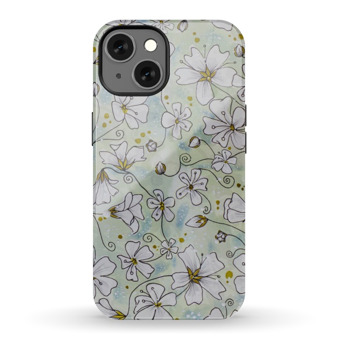 iPhone 13 StrongFit Pretty White Flowers on Watercolour by Paula Ohreen