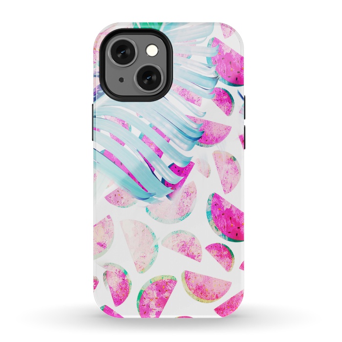 iPhone 13 mini StrongFit Grungy watermelon and bana leaf pattern by Oana 