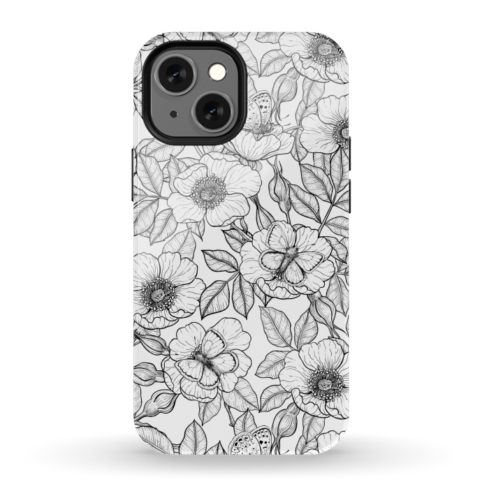 iPhone 13 mini StrongFit Dog rose and butterflies b&w by Katerina Kirilova