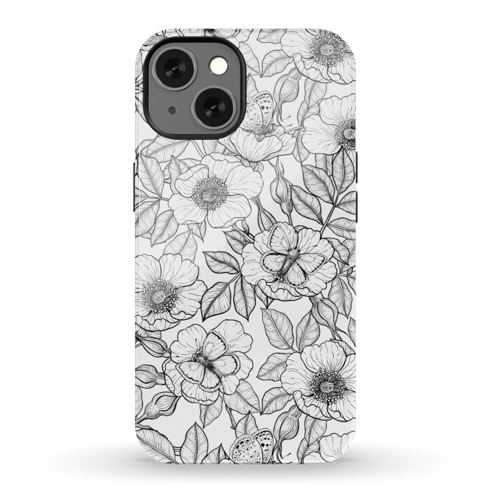 iPhone 13 StrongFit Dog rose and butterflies b&w by Katerina Kirilova