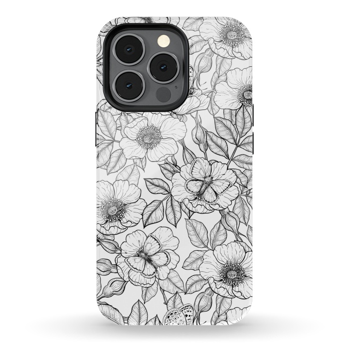iPhone 13 pro StrongFit Dog rose and butterflies b&w by Katerina Kirilova