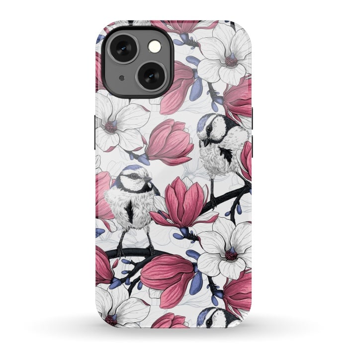 iPhone 13 StrongFit Pink magnolia and blue tit birds by Katerina Kirilova