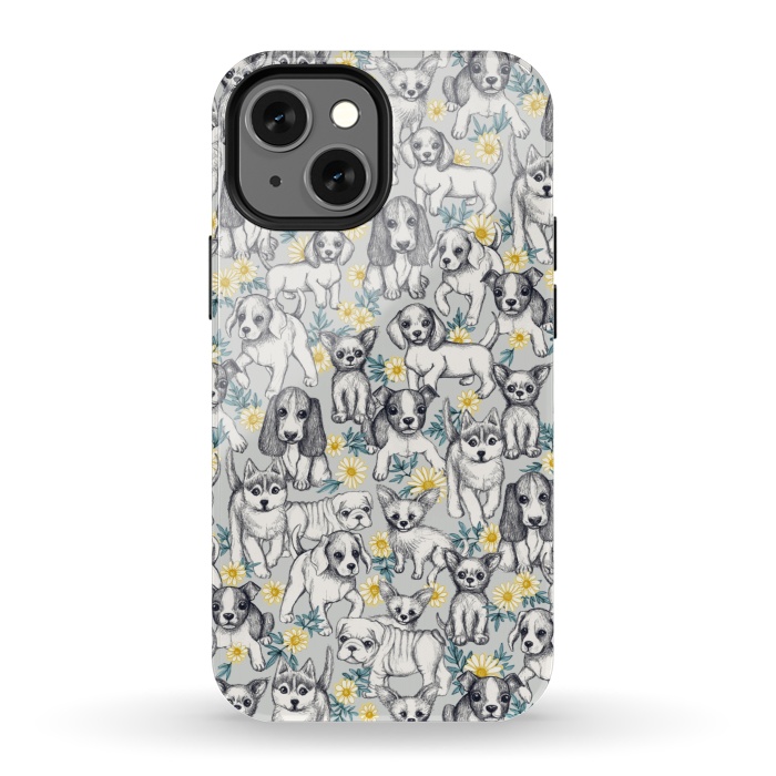 iPhone 13 mini StrongFit Dogs and Daisies on Grey by Micklyn Le Feuvre