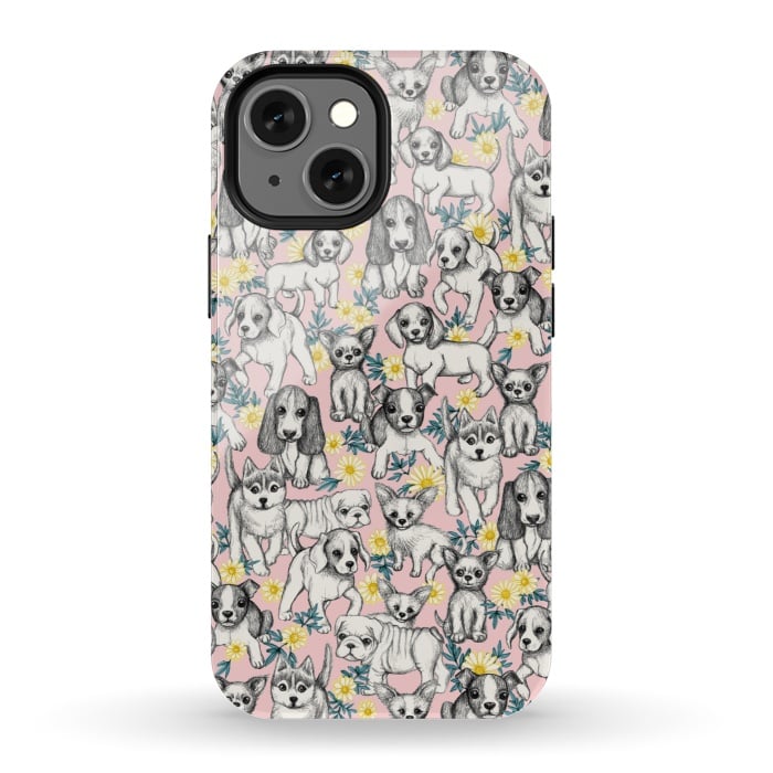 iPhone 13 mini StrongFit Dogs and Daisies on Pink by Micklyn Le Feuvre