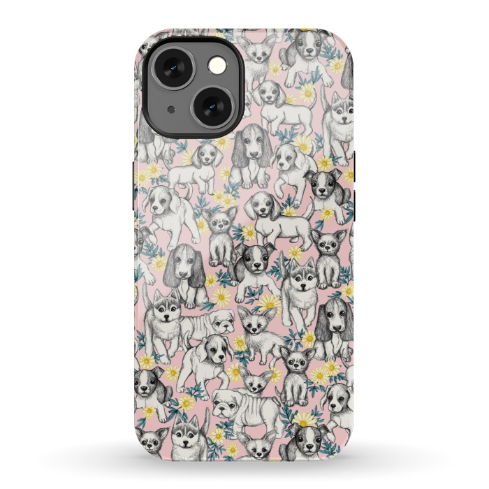 iPhone 13 StrongFit Dogs and Daisies on Pink by Micklyn Le Feuvre