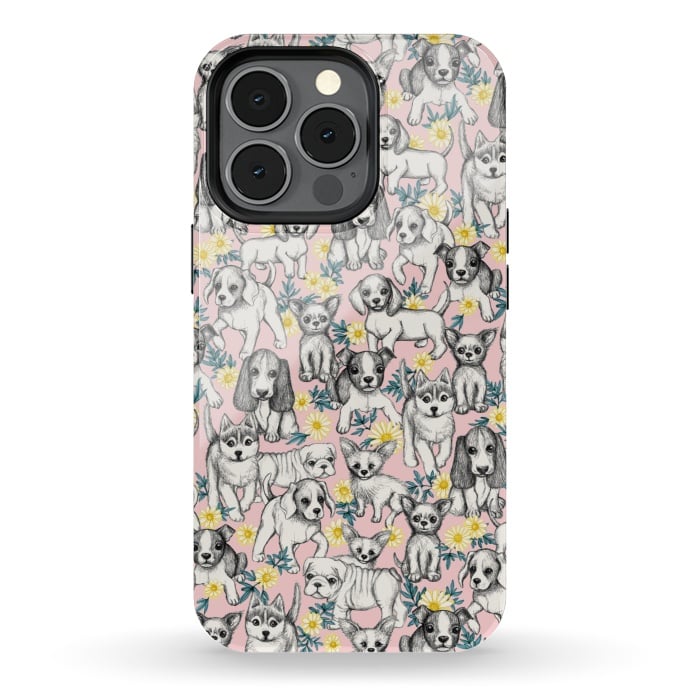 iPhone 13 pro StrongFit Dogs and Daisies on Pink by Micklyn Le Feuvre