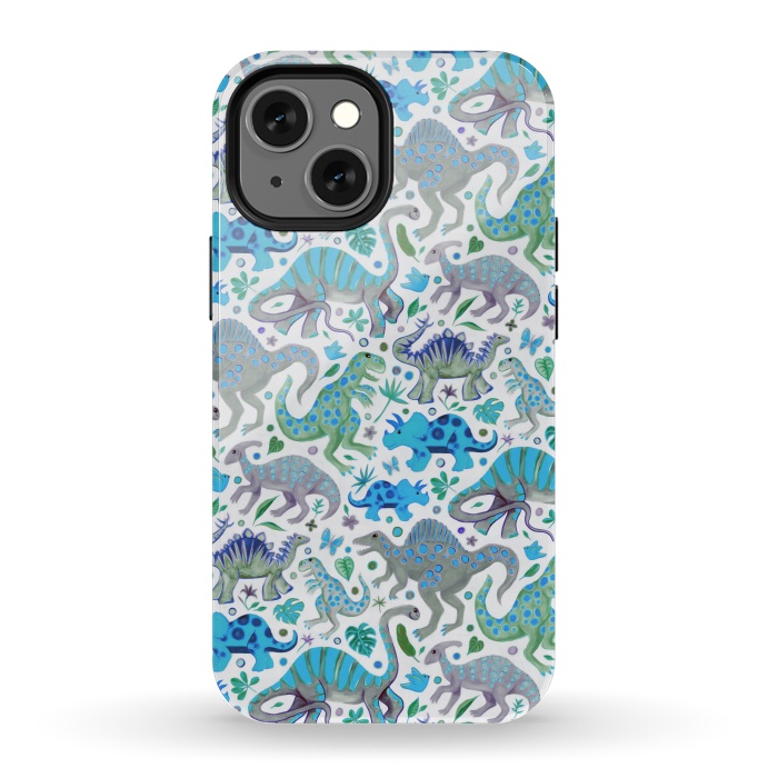 iPhone 13 mini StrongFit Happy Dinos in blue and green by Micklyn Le Feuvre