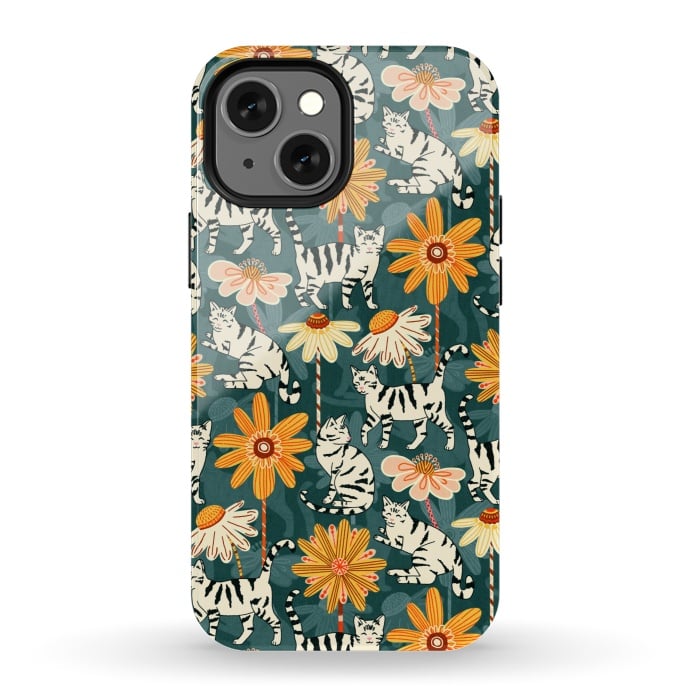 iPhone 13 mini StrongFit Daisy Cats - Teal by Tigatiga