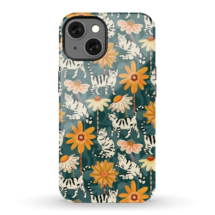 iPhone 13 StrongFit Daisy Cats - Teal by Tigatiga