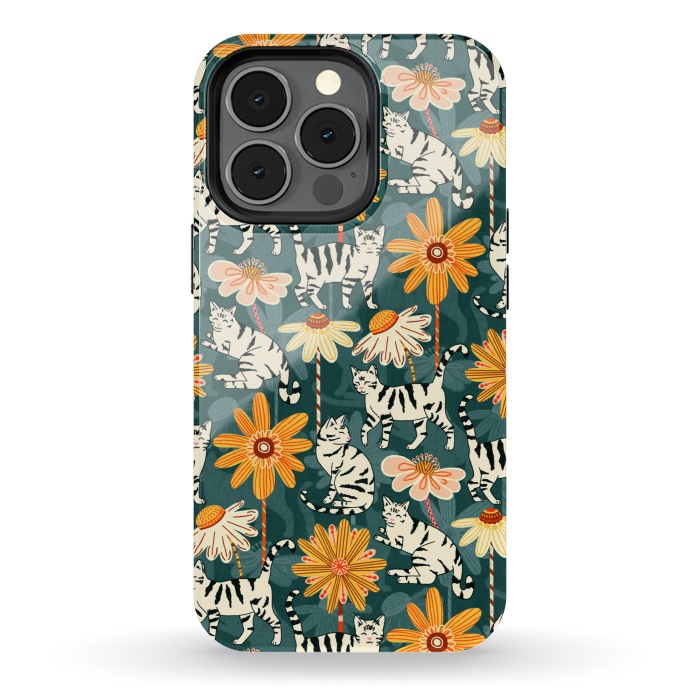 iPhone 13 pro StrongFit Daisy Cats - Teal by Tigatiga