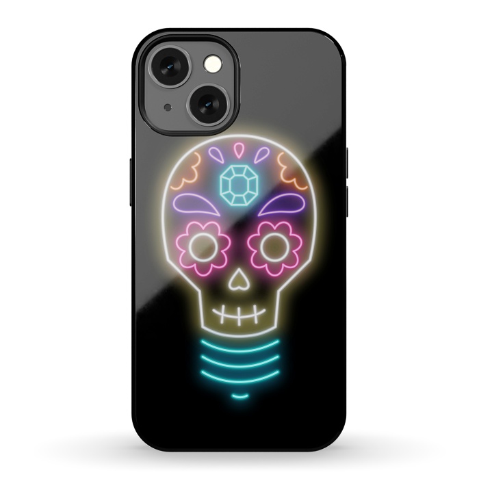 iPhone 13 StrongFit Neon sugar skull lightbulb by Laura Nagel