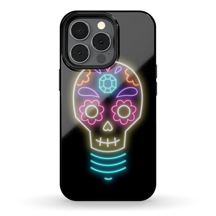 iPhone 13 pro StrongFit Neon sugar skull lightbulb by Laura Nagel