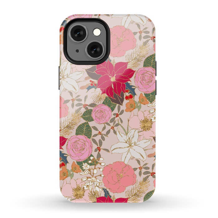 iPhone 13 mini StrongFit Elegant Golden Strokes Colorful Winter Floral by InovArts