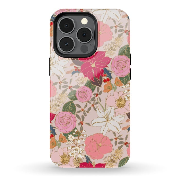 iPhone 13 pro StrongFit Elegant Golden Strokes Colorful Winter Floral by InovArts