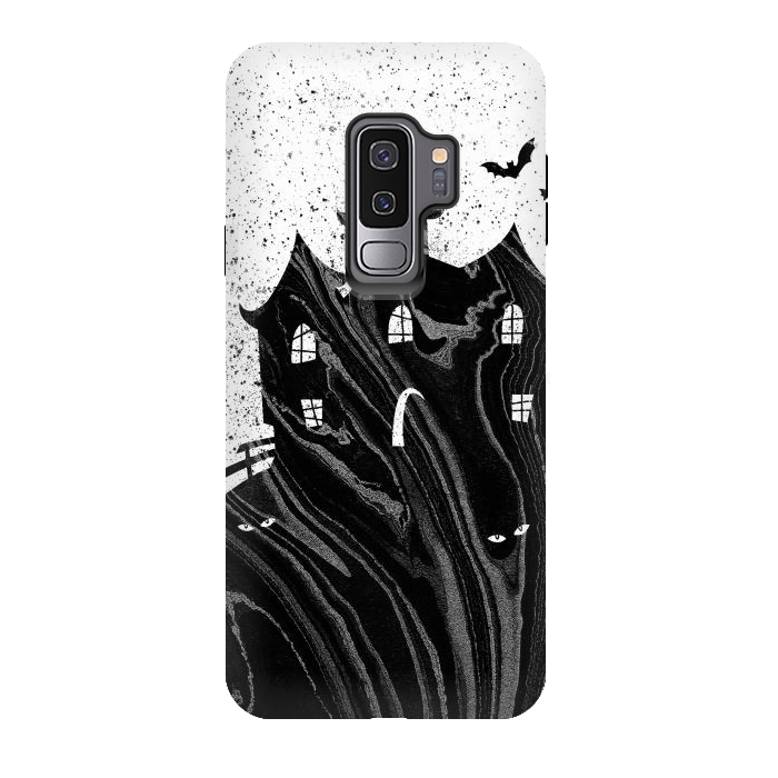 Galaxy S9 plus StrongFit Halloween haunted house - black and white splatter and brushstrokes by Oana 