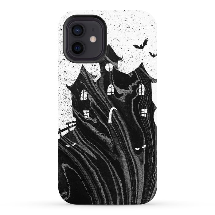 iPhone 12 StrongFit Halloween haunted house - black and white splatter and brushstrokes por Oana 