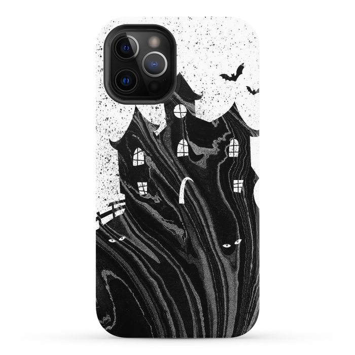 iPhone 12 Pro StrongFit Halloween haunted house - black and white splatter and brushstrokes by Oana 