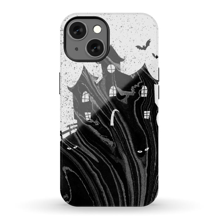 iPhone 13 StrongFit Halloween haunted house - black and white splatter and brushstrokes by Oana 