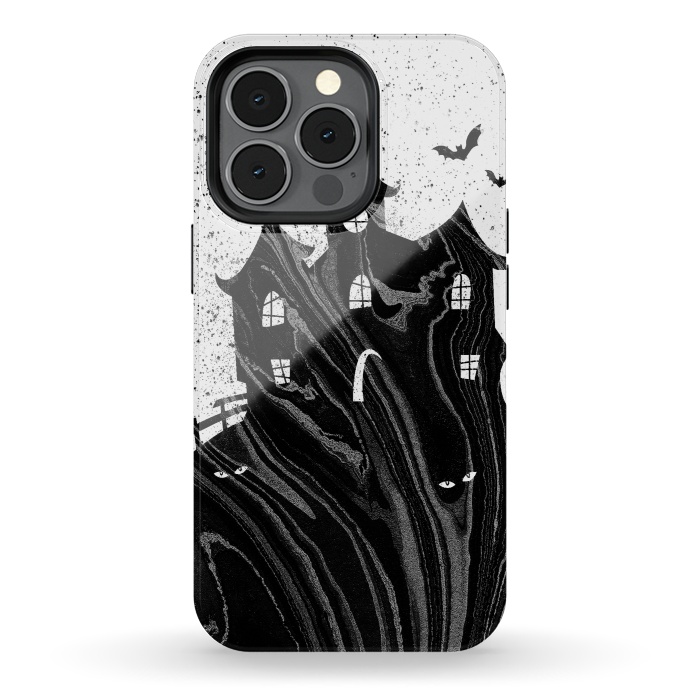 iPhone 13 pro StrongFit Halloween haunted house - black and white splatter and brushstrokes by Oana 