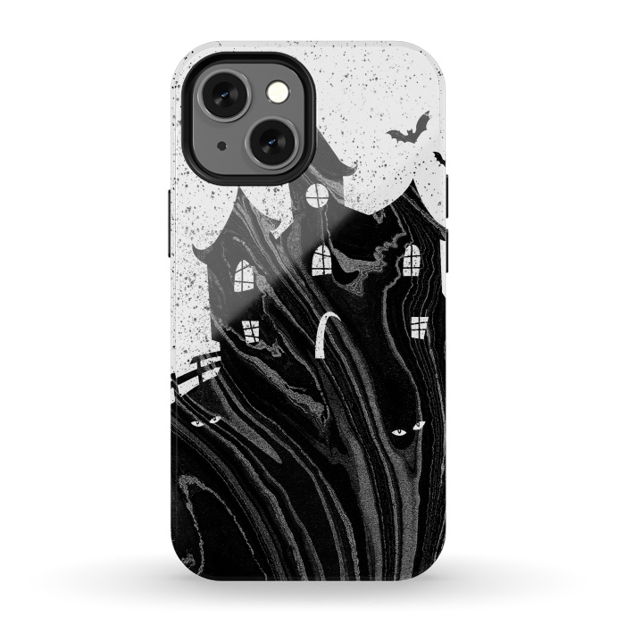 iPhone 13 mini StrongFit Halloween haunted house - black and white splatter and brushstrokes by Oana 