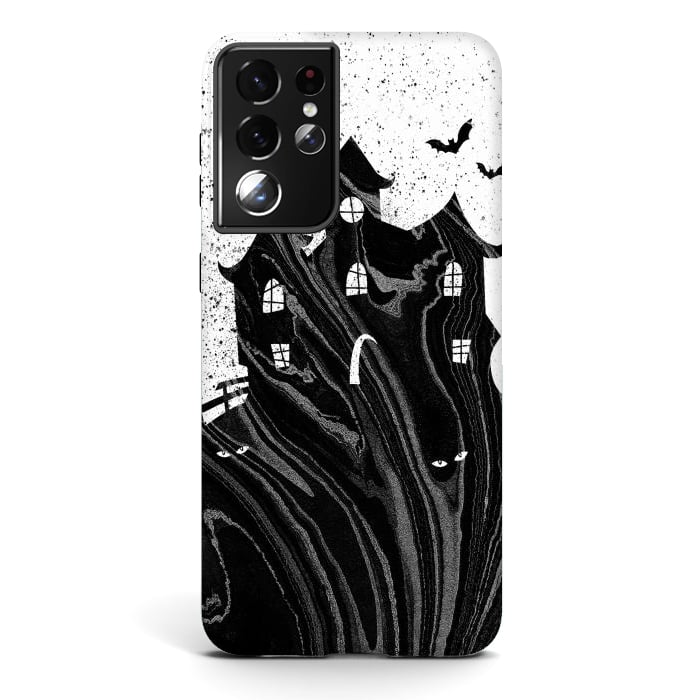 Galaxy S21 ultra StrongFit Halloween haunted house - black and white splatter and brushstrokes by Oana 