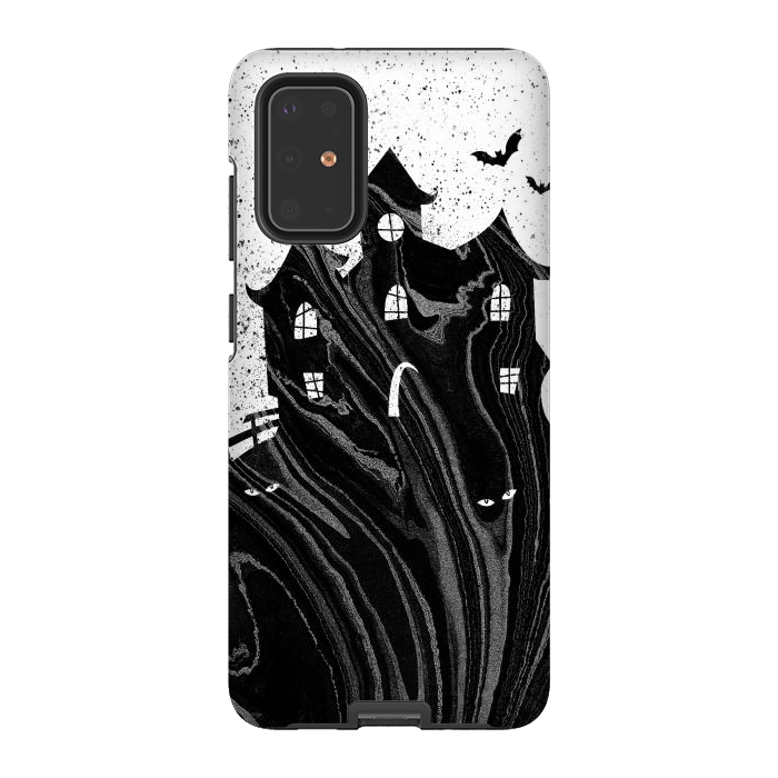 Galaxy S20 Plus StrongFit Halloween haunted house - black and white splatter and brushstrokes by Oana 