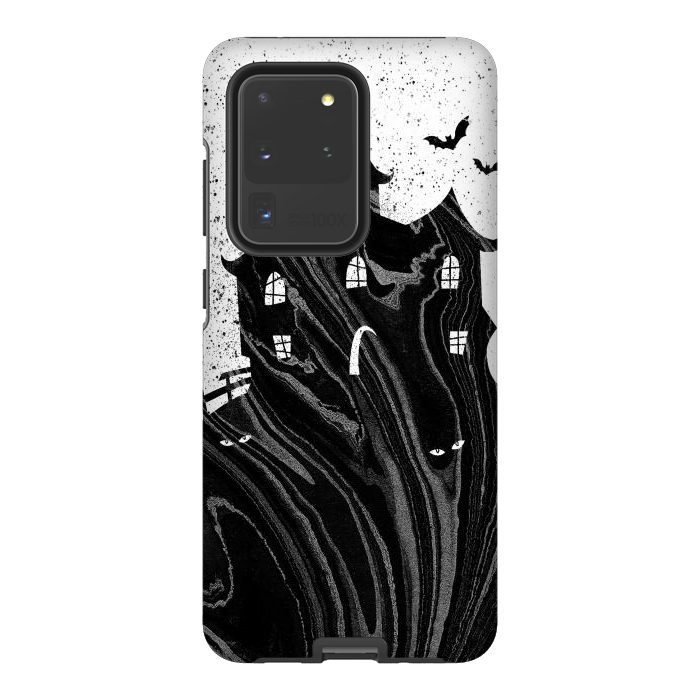 Galaxy S20 Ultra StrongFit Halloween haunted house - black and white splatter and brushstrokes by Oana 