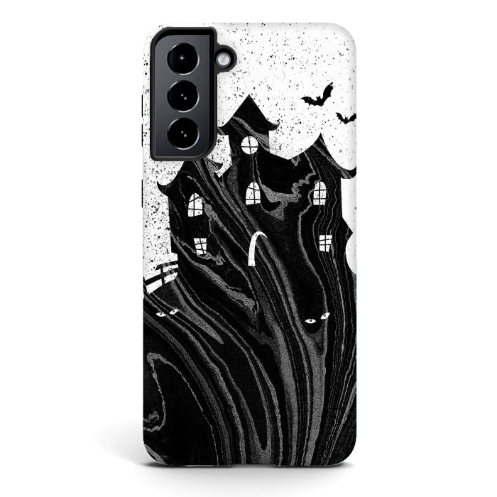 Galaxy S21 plus StrongFit Halloween haunted house - black and white splatter and brushstrokes by Oana 