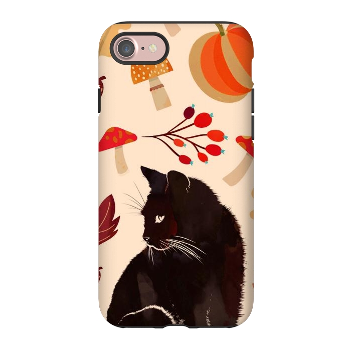 iPhone 7 StrongFit Black cat and autumn woodland pattern - leaves, mushroom, pumpkin by Oana 