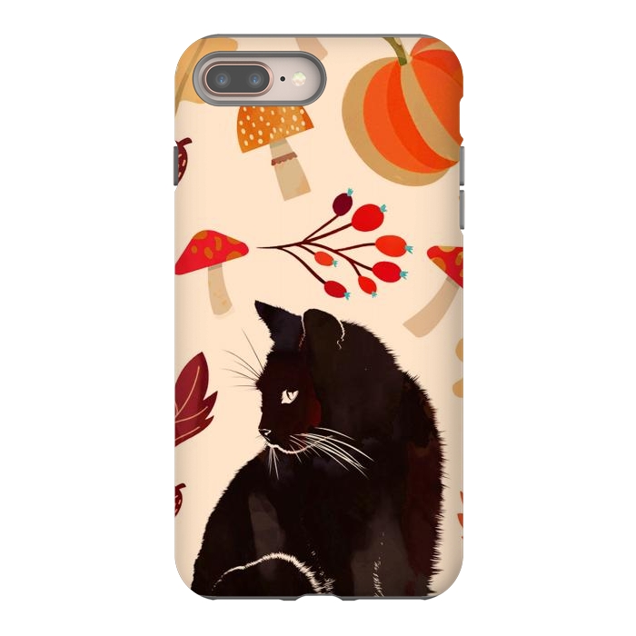 iPhone 7 plus StrongFit Black cat and autumn woodland pattern - leaves, mushroom, pumpkin by Oana 