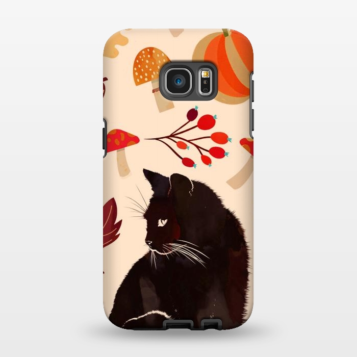 Galaxy S7 EDGE StrongFit Black cat and autumn woodland pattern - leaves, mushroom, pumpkin by Oana 