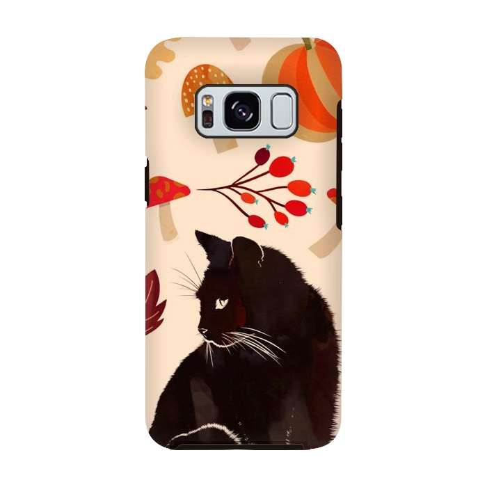 Galaxy S8 StrongFit Black cat and autumn woodland pattern - leaves, mushroom, pumpkin by Oana 