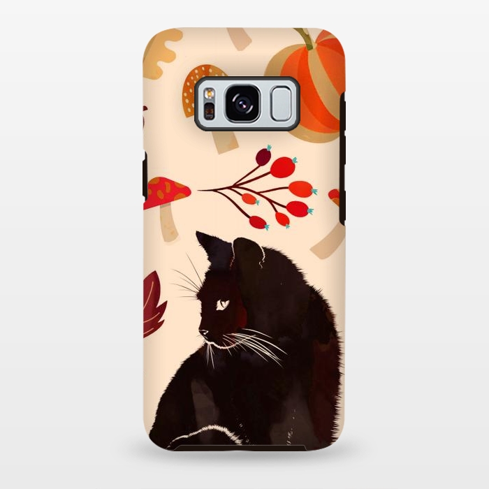 Galaxy S8 plus StrongFit Black cat and autumn woodland pattern - leaves, mushroom, pumpkin by Oana 