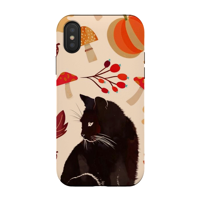 iPhone Xs / X StrongFit Black cat and autumn woodland pattern - leaves, mushroom, pumpkin by Oana 