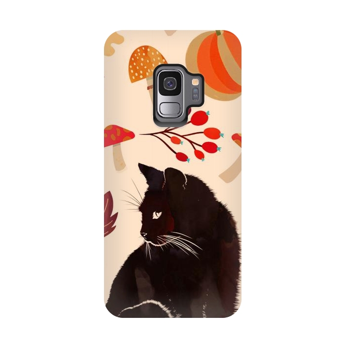 Galaxy S9 StrongFit Black cat and autumn woodland pattern - leaves, mushroom, pumpkin by Oana 