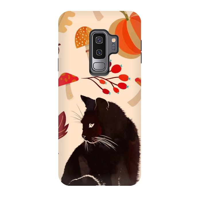 Galaxy S9 plus StrongFit Black cat and autumn woodland pattern - leaves, mushroom, pumpkin by Oana 