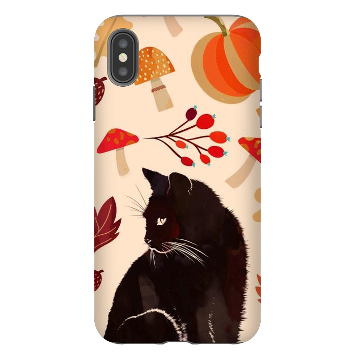 iPhone Xs Max StrongFit Black cat and autumn woodland pattern - leaves, mushroom, pumpkin by Oana 
