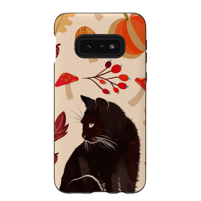 Galaxy S10e StrongFit Black cat and autumn woodland pattern - leaves, mushroom, pumpkin by Oana 