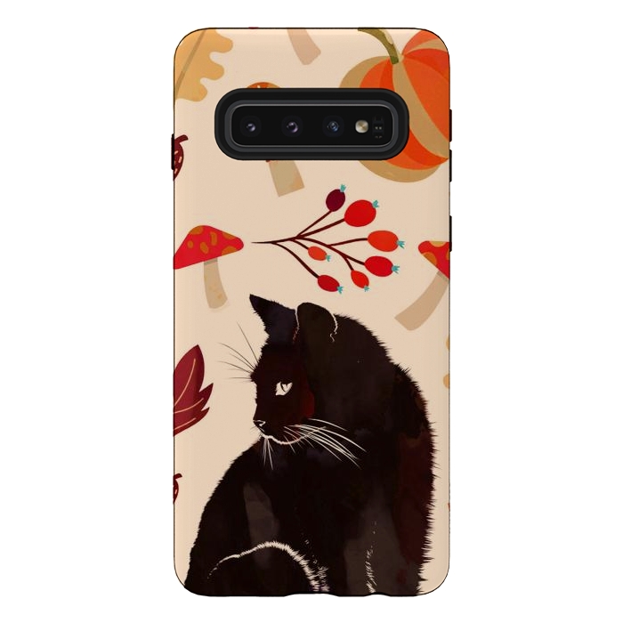 Galaxy S10 StrongFit Black cat and autumn woodland pattern - leaves, mushroom, pumpkin by Oana 