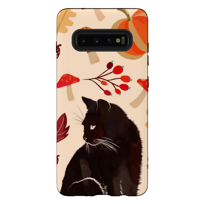 Galaxy S10 plus StrongFit Black cat and autumn woodland pattern - leaves, mushroom, pumpkin by Oana 