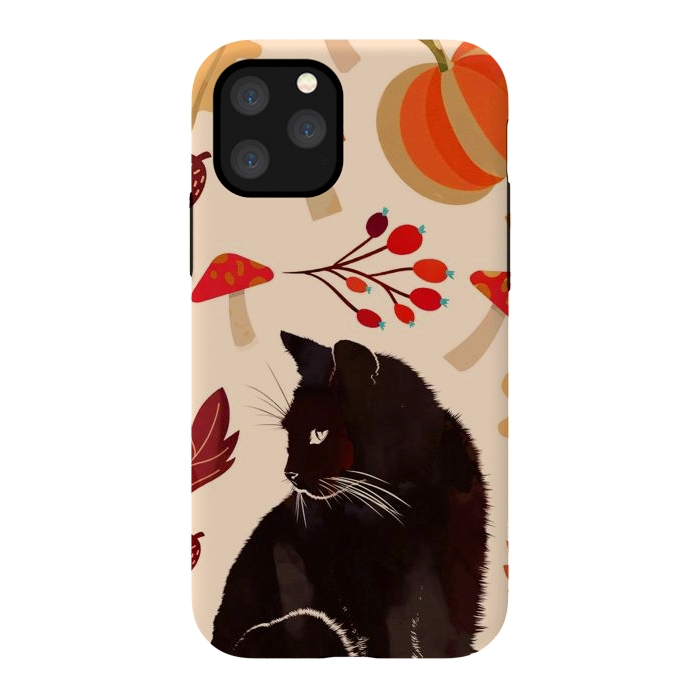 iPhone 11 Pro StrongFit Black cat and autumn woodland pattern - leaves, mushroom, pumpkin by Oana 