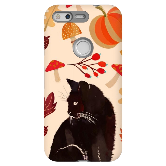 Pixel StrongFit Black cat and autumn woodland pattern - leaves, mushroom, pumpkin by Oana 